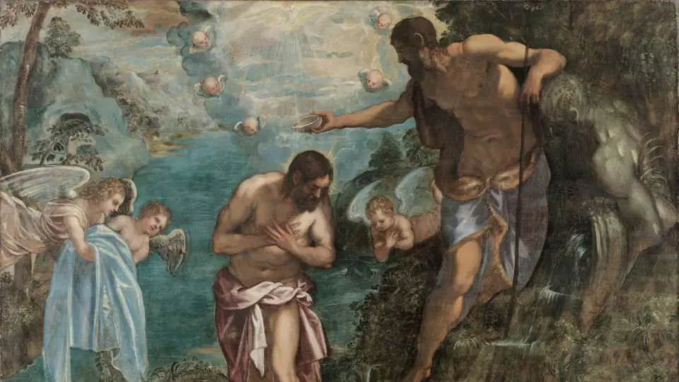 Klasyczny obraz chrztu Jezusa w rzece Jordan - Jan Chrzciciel i Duch Święty