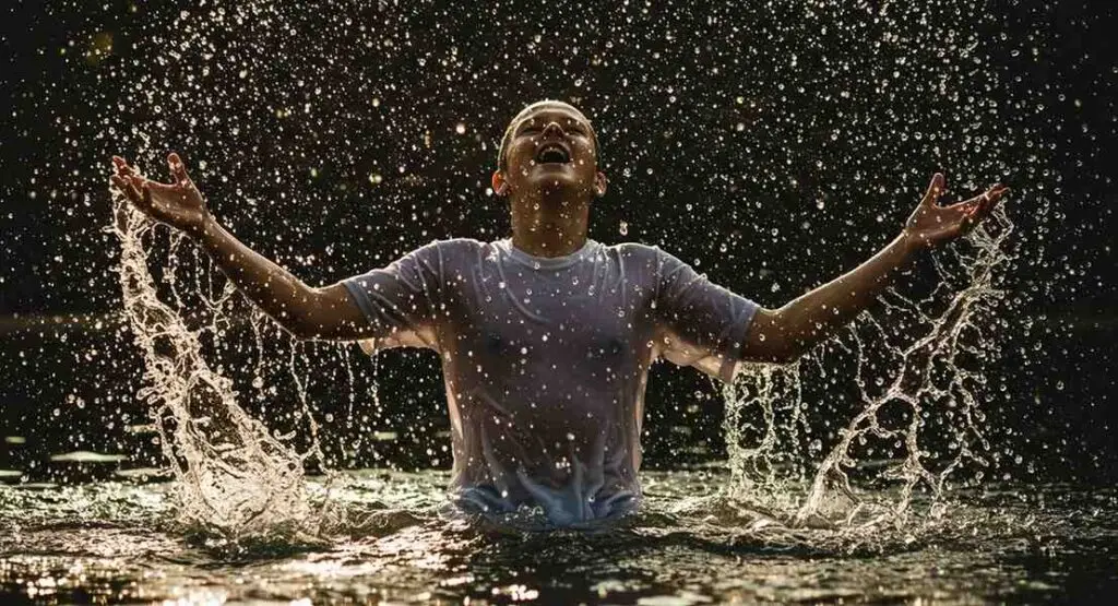 Mężczyzna wynurzający się z wody z rozprostartymi ramionami - radość po chrzcie